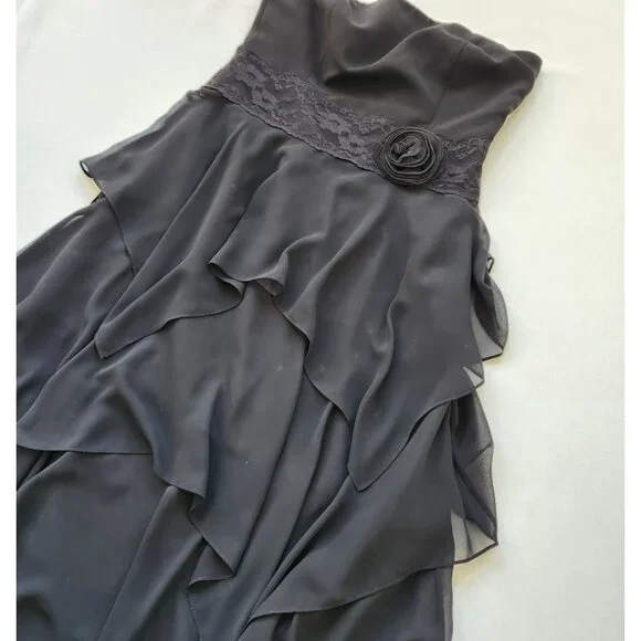 Liz Claiborne black Strapless Chiffon Dress Lace Rose Fairy Whimsigoth Dark Boho - Picture 11 of 15